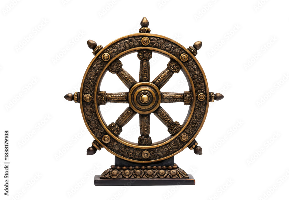 Fototapeta premium Dharma wheel Buddhist symbol with decorative bronze metalwork, isolated on a transparent background