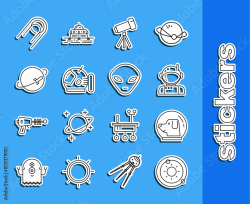 Set line Solar system, Dog in astronaut helmet, Astronaut, Telescope, Planet, Satellite and Alien icon. Vector