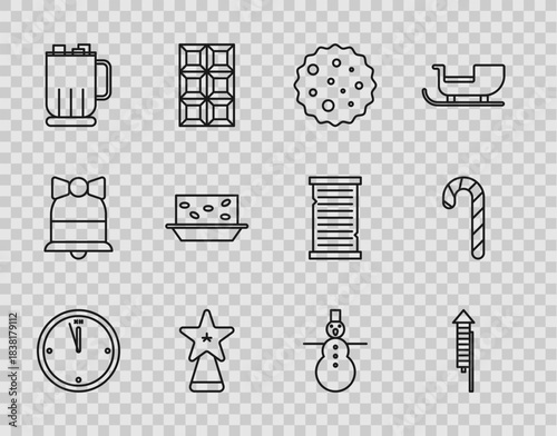 Set line Clock, Firework rocket, Cookie biscuit with chocolate, Christmas star, Hot cup marshmallows, Nougat nuts, snowman and candy cane stripes icon. Vector