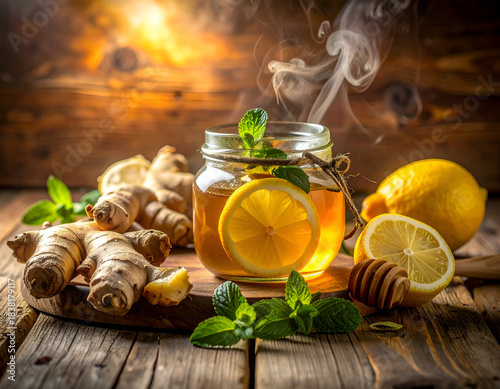 Steaming Herbal Tea with Lemon, Ginger, and Honey