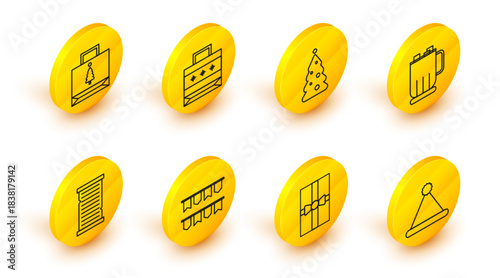 Set line Christmas Santa Claus hat, Gift box, Carnival garland with flags, wish list template, Hot chocolate cup marshmallows, tree decorations, paper shopping bag and icon. Vector