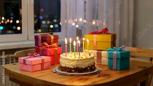 Birthday Celebration with Cake and Gifts on a Wooden Table.