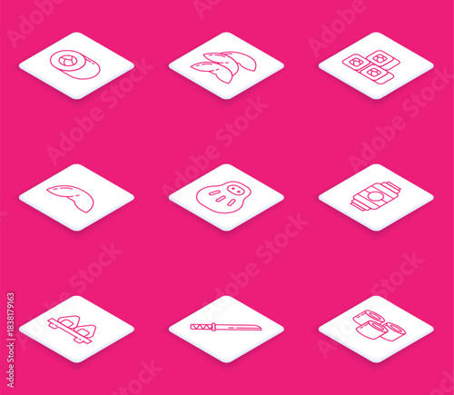 Set line Sushi, Chinese fortune cookie, Maneki neko cat, Japanese paper lantern, on cutting board and Traditional katana icon. Vector