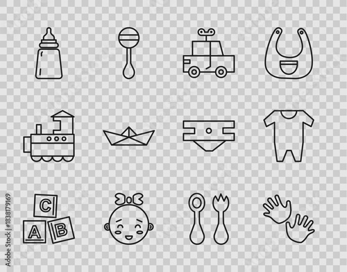Set line ABC blocks, Baby hands print, Toy car, Happy little girl head, bottle, Folded paper boat, cutlery with fork spoon and clothes icon. Vector