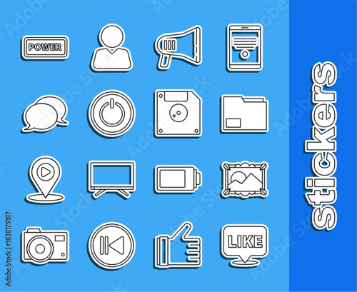 Set line Like in speech bubble, Picture landscape, Document folder, Megaphone, Power button, Speech chat, and Floppy disk for computer data storage icon. Vector