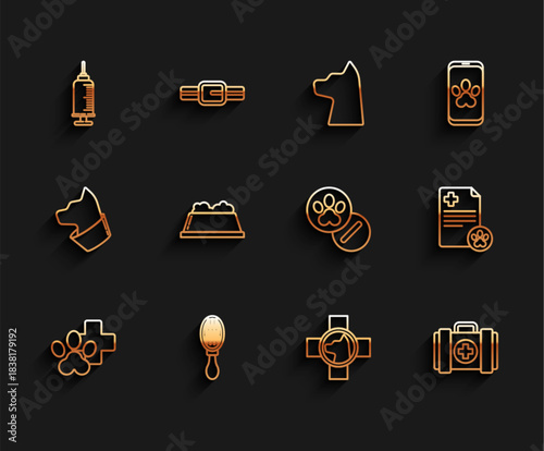 Set line Veterinary clinic symbol, Hair brush for dog and cat, Syringe with pet vaccine, Pet first aid kit, food bowl, Clipboard medical clinical record and Dog pills icon. Vector