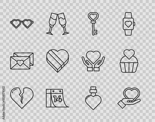 Set line Broken heart or divorce, Heart on hand, Key in shape, Calendar with February 14, shaped love glasses, Candy box, Bottle potion and Wedding cake icon. Vector