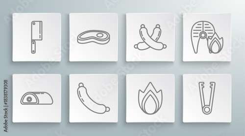 Set line Meat, Steak meat, Sausage, Fire flame, tongs, Crossed sausage, Grilled fish steak and fire and chopper icon. Vector