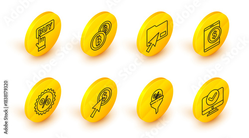 Set line Computer monitor, Lead management, Cursor and coin, Discount percent tag, Tablet with dollar, click document folder, Cryptocurrency Bitcoin and Buy button icon. Vector