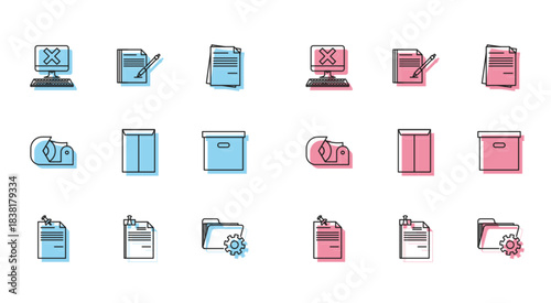 Set line Note paper with pinned pushbutton, File document and binder clip, Computer keyboard x mark, Folder settings gears, Envelope, Carton cardboard box, Scotch and Blank notebook pen icon. Vector