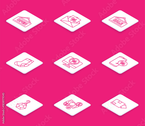 Set line Hanging sign with Open, Envelope interest discount, Sale, Socks, Percent and monitor, phone, Earring and Money cash coin icon. Vector