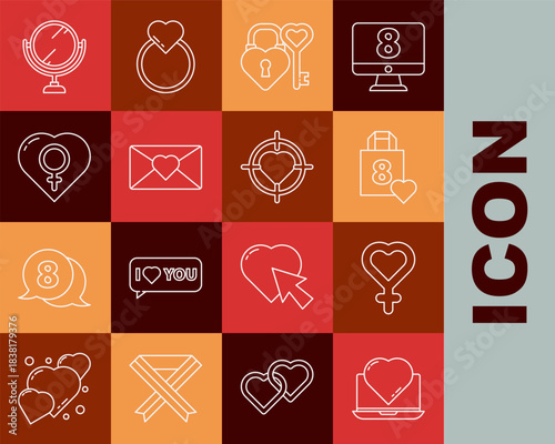 Set line Online dating app and chat, Female gender symbol, Shopping bag with heart, Castle key shape, Envelope 8 March, Round makeup mirror and Heart the center of target aim icon. Vector