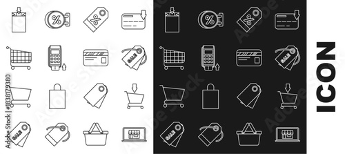 Set line Shopping building on screen laptop, Add cart, Price tag with an inscription Sale, Discount percent, Pos terminal inserted credit card, Paper shopping bag and Credit icon. Vector
