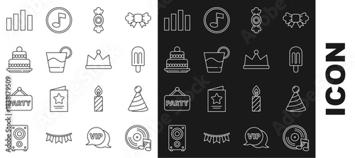 Set line Vinyl disk, Party hat, Ice cream, Candy, Cocktail, Cake, Music equalizer and Crown icon. Vector