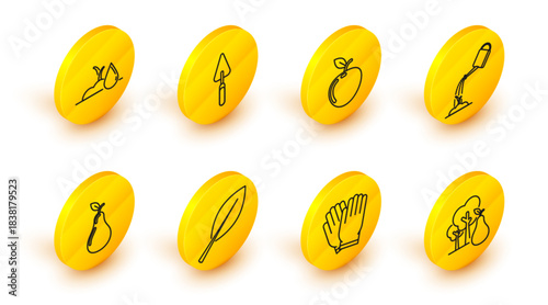 Set line Tree with pears, Garden gloves, Leaf, Pear, Watering can water, Apple, trowel spade or shovel and sprout icon. Vector