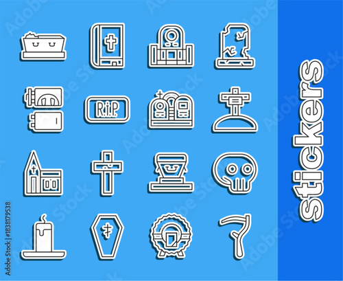 Set line Scythe, Skull, Grave with cross, tombstone, Speech bubble rip death, Crematorium, Coffin dead and icon. Vector
