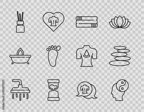 Set line Shower head, Yin Yang, Towel stack, Old hourglass, Aroma diffuser, Foot massage, Massage and Stack hot stones icon. Vector