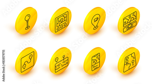 Set line City map navigation, Broken road, Route location, Monitor with marker, Location coffee cup, Gps device and Push pin icon. Vector