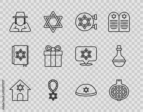 Set line Jewish synagogue, Pomegranate, Star of David necklace on chain, Orthodox jewish hat, Gift box, kippah and wine bottle icon. Vector