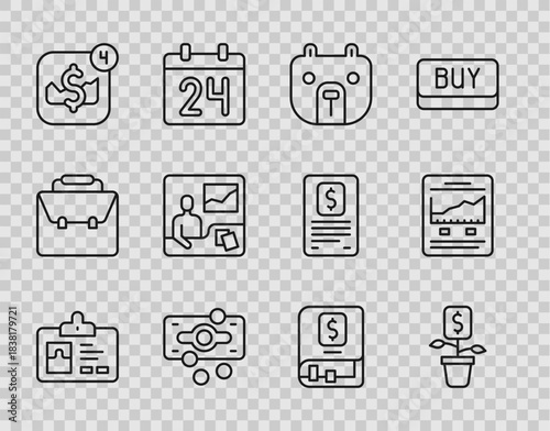Set line Identification badge, Dollar plant, Bear market, Stacks paper money cash, Mobile stock trading, Trading courses, Financial book and Website with growth graph icon. Vector