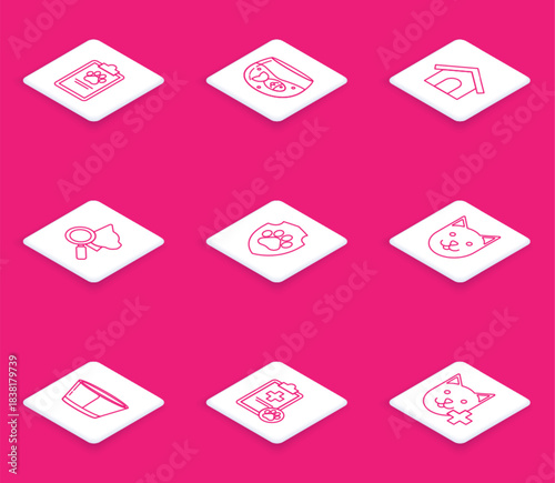 Set line Clipboard with medical clinical record pet, Aquarium fish, Dog house, Veterinary symbol, Animal health insurance, Cat, Protective cone collar and icon. Vector