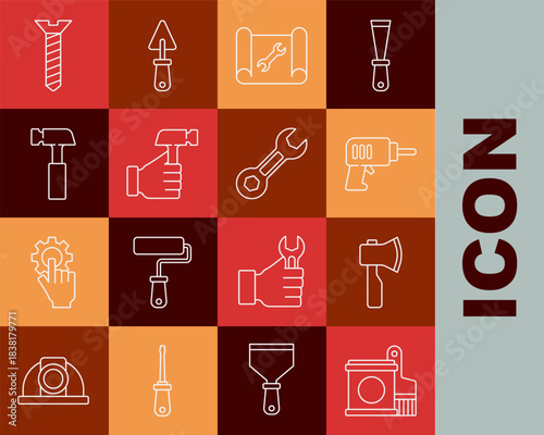 Set line Paint bucket and brush, Wooden axe, Electric drill machine, Graphing paper wrench, Hammer, Metallic screw and Wrench spanner icon. Vector