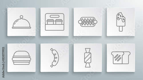 Set line Burger, Coffee cup to go, Hotdog, Candy, Bread toast, sandwich, Ice cream and Covered with tray icon. Vector