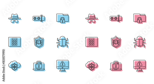 Set line Cloud and shield, Laptop lock, Incognito mode, Monitor with exclamation mark, System bug, Password protection and icon. Vector