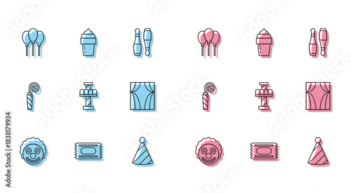 Set line Clown head, Circus ticket, Balloons with ribbon, Party hat, Attraction carousel, curtain raises, Birthday party horn and Ice cream icon. Vector