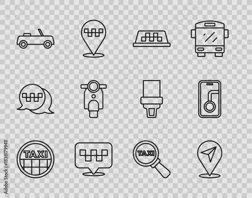 Set line Taxi car roof, Location, with taxi, Car, Scooter, Magnifying glass and and City map navigation icon. Vector