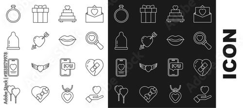 Set line Heart in hand, Healed broken heart, Search love, Wedding cake with, Amour arrow, Condom, Diamond engagement ring and Smiling lips icon. Vector