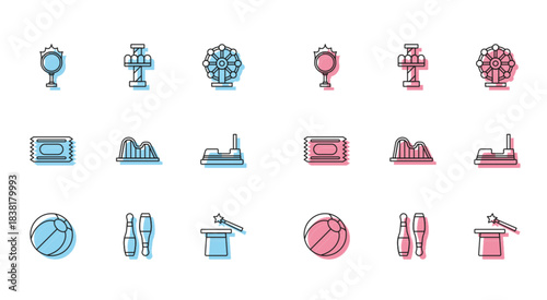 Set line Beach ball, Bowling pin, Circus fire hoop, Magic hat and wand, Roller coaster, Bumper car, ticket and Attraction carousel icon. Vector