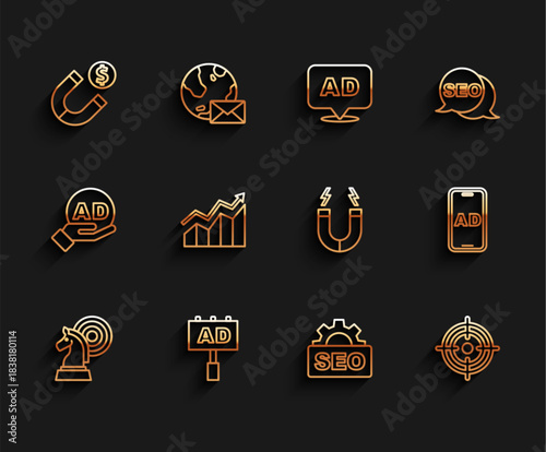 Set line Chess, Advertising, Magnet with money, SEO optimization, Target, Financial growth increase, and icon. Vector