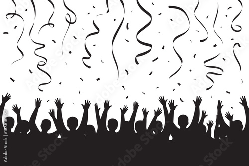 Black silhouette crowd with hands raised and confetti falling