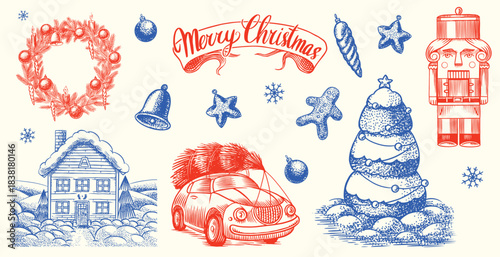 Set of detailed hand drawn Christmas elements in dot work style. eve on the car, winter house landscape a nutcracker and a wreath with merry xmas sign.