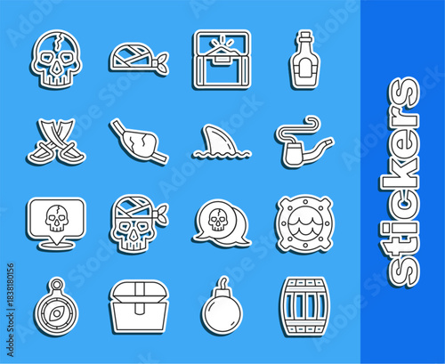 Set line Wooden barrel, Ship porthole with seascape, Smoking pipe, Antique treasure chest, Pirate eye patch, Crossed pirate swords, Skull and Shark fin ocean wave icon. Vector