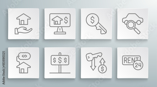 Set line House with dollar, Online real estate, Rent key, Car sharing and Realtor icon. Vector