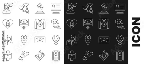 Set line Dating app, Feminism the world, Teacher, Female rights, Money growth woman, Heart with female, opinion and Feminist shirt icon. Vector