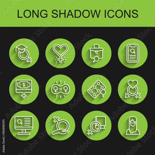 Set line Dating app, Female gender, Teacher, Book about women, Muslim woman hijab, Gender equality, and Packaging of birth control pills icon. Vector