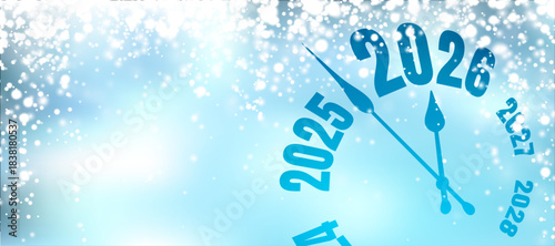 Icy blue clock counts down to 2026 surrounded by snowfall and light flares. Vector illustration for winter holidays.