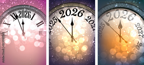Elegant festive countdown clocks with sparkling lights and bokeh effects welcoming the new year 2026, perfect Vector illustration.