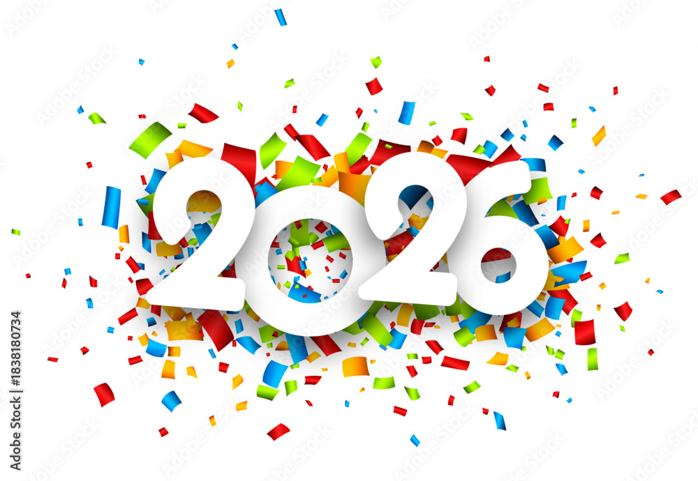 Obraz premium White 2026 text surrounded by colorful flying confetti on a white background. Vector illustration.