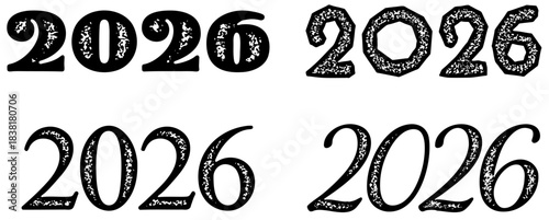 Set of 2026 numbers in different textured font styles with grunge effects. Vector illustration for design and typography projects.