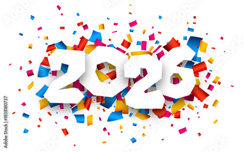 White 2026 digits with bright multicolor confetti exploding around. Vector illustration.