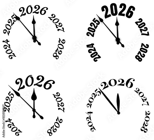Collection of minimalist black countdown clocks striking midnight to celebrate the arrival of the year 2026. Vector illustration.