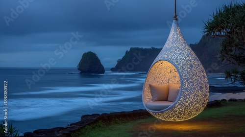 Hanging Egg Chair Overlooking Ocean at Dusk.