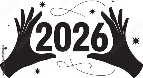 Black silhouette hands framing year 2026 with stars