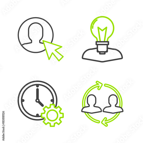 Set line Human resources, Time Management, head with lamp bulb and User of in business suit icon. Vector