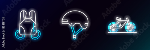 Set line Bicycle, Parachute and Helmet icon. Glowing neon. Vector