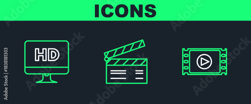 Set line Play Video, Computer PC monitor with HD video technology and Movie clapper icon. Vector